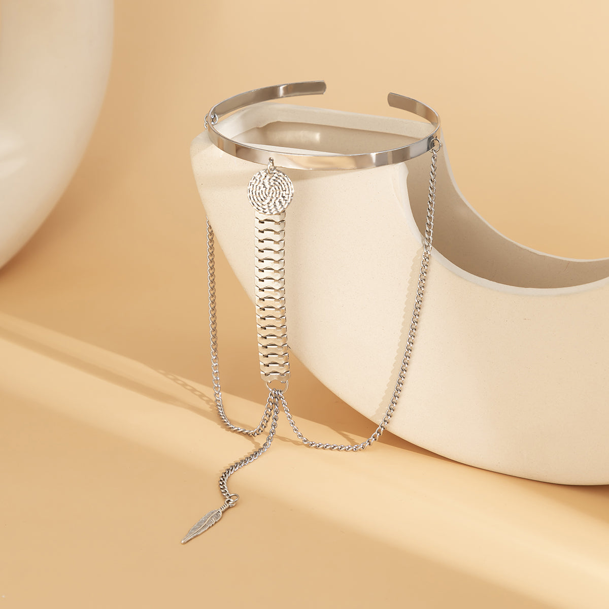 Silver-Plated Feather Drop Chain Arm Cuff