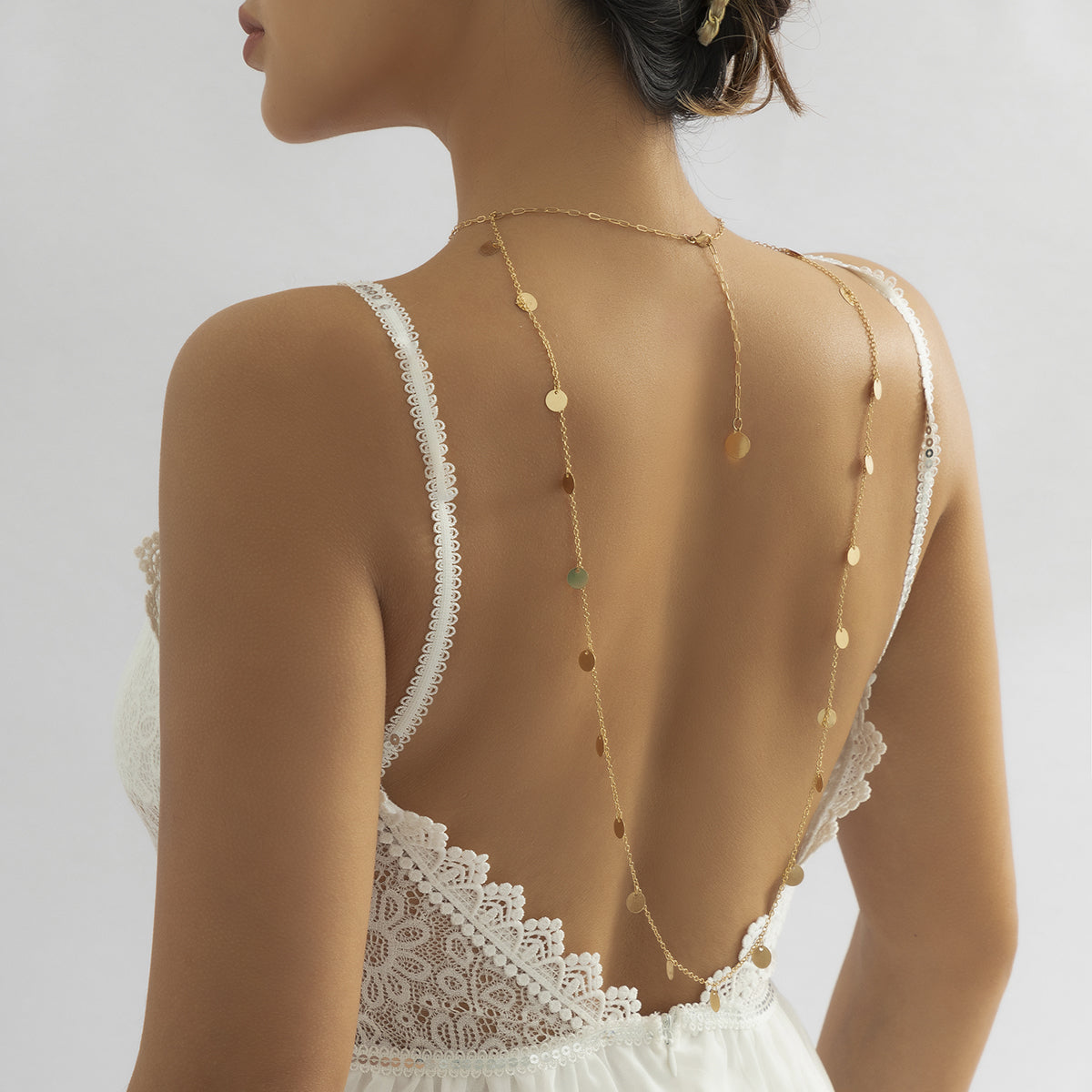 18K Gold-Plated Sequin Choker Necklace and Back Chain, gold pendant necklace for women, dainty minimalist design, side view