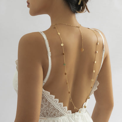 18K Gold-Plated Sequin Choker Necklace and Back Chain, gold pendant necklace for women, dainty minimalist design, side view