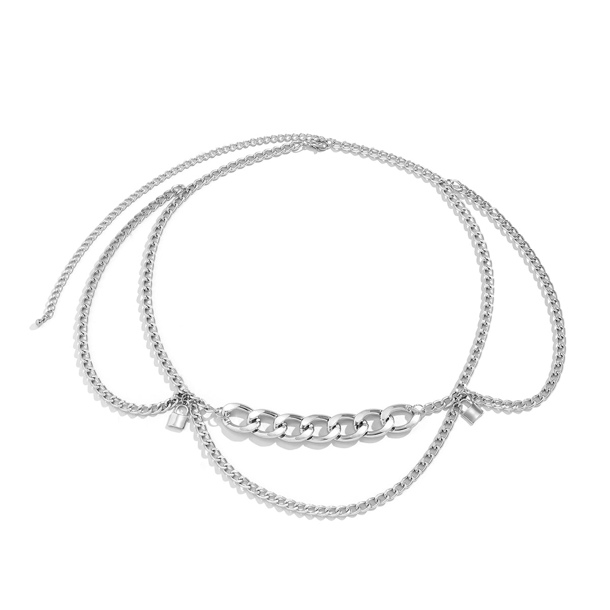 Silver-Plated Lock Layered Curb Waist Chain