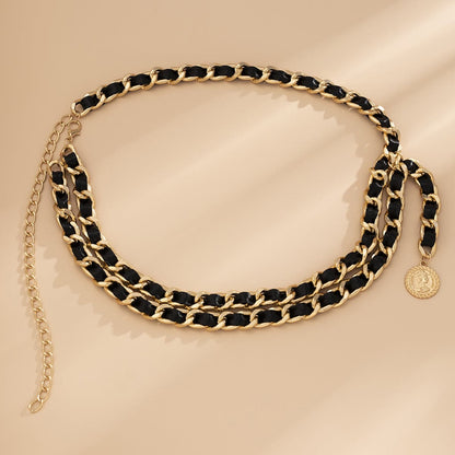 Black Polystyrene and 18K Gold-Plated Drop Waist Chain, gold pendant necklace for women, everyday style, styled look