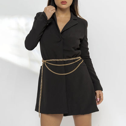 18K Gold-Plated Layered Lariat Waist Chain, gold pendant necklace for women, dainty minimalist design, detail close-up