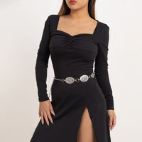 Turquoise & Silver-Plated Oval Chain Station Waist Belt