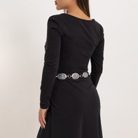 Turquoise & Silver-Plated Oval Chain Station Waist Belt