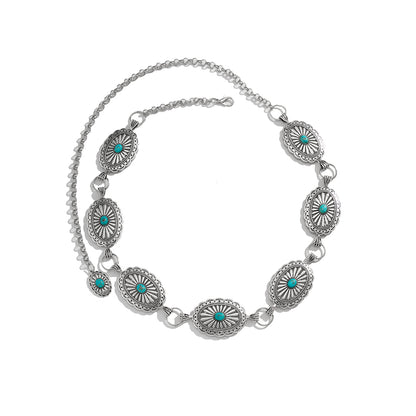 Turquoise and Silver-Plated Oval Chain Station Waist Belt, silver pendant necklace for women, detail close-up
