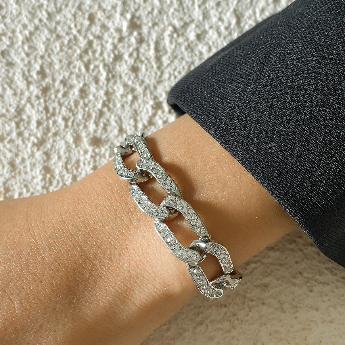 Cubic Zirconia and Silver-Plated Curb Chain Bracelet, silver bracelet for women, botanical inspired, side view