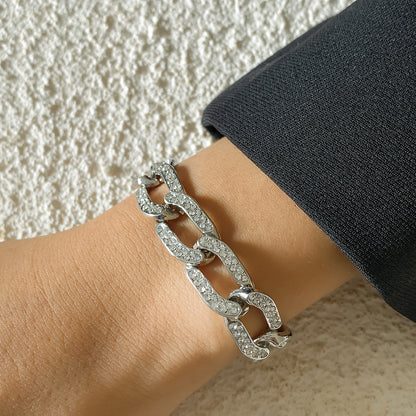 Cubic Zirconia and Silver-Plated Curb Chain Bracelet, silver bracelet for women, botanical inspired, side view