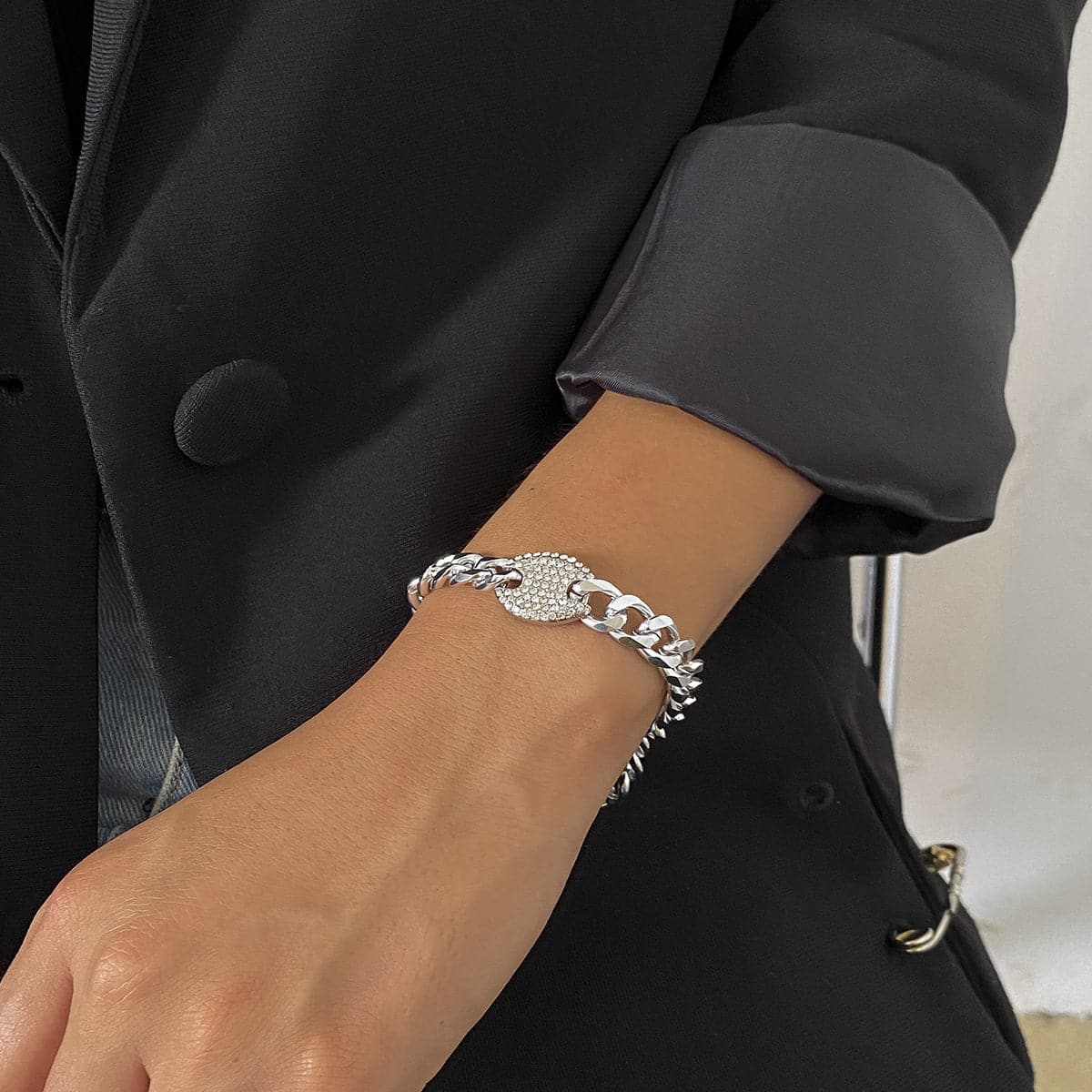 Cubic Zirconia & Silver-Plated Curb Chain Oval Bracelet