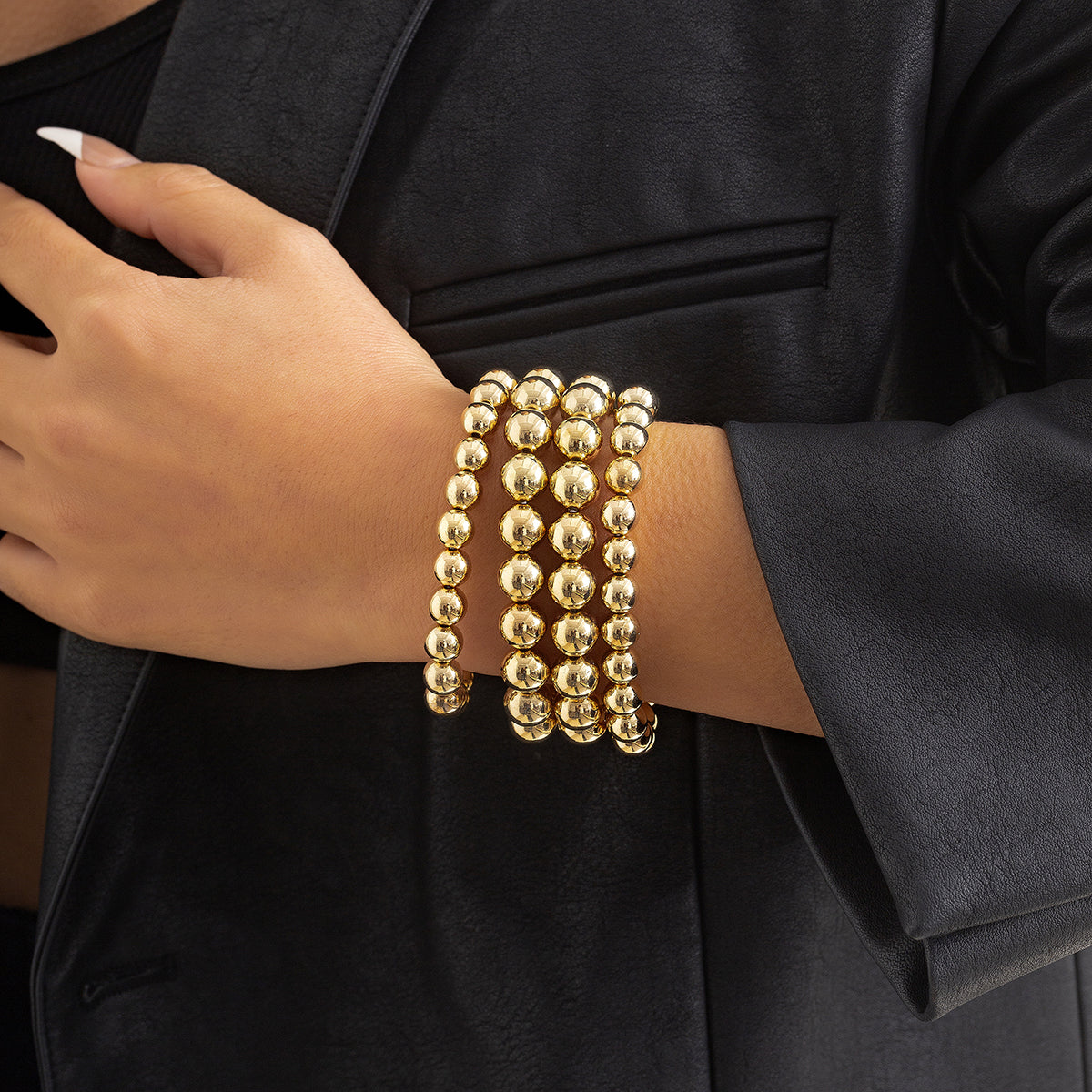 18K Gold-Plated Bead Layered Stretch Bracelet, gold bracelet for women, vintage-inspired design, front view