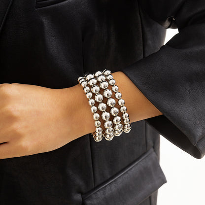 Silver-Plated Layered Bead Stretch Bracelet, silver bracelet for women, elegant gift for her, front view