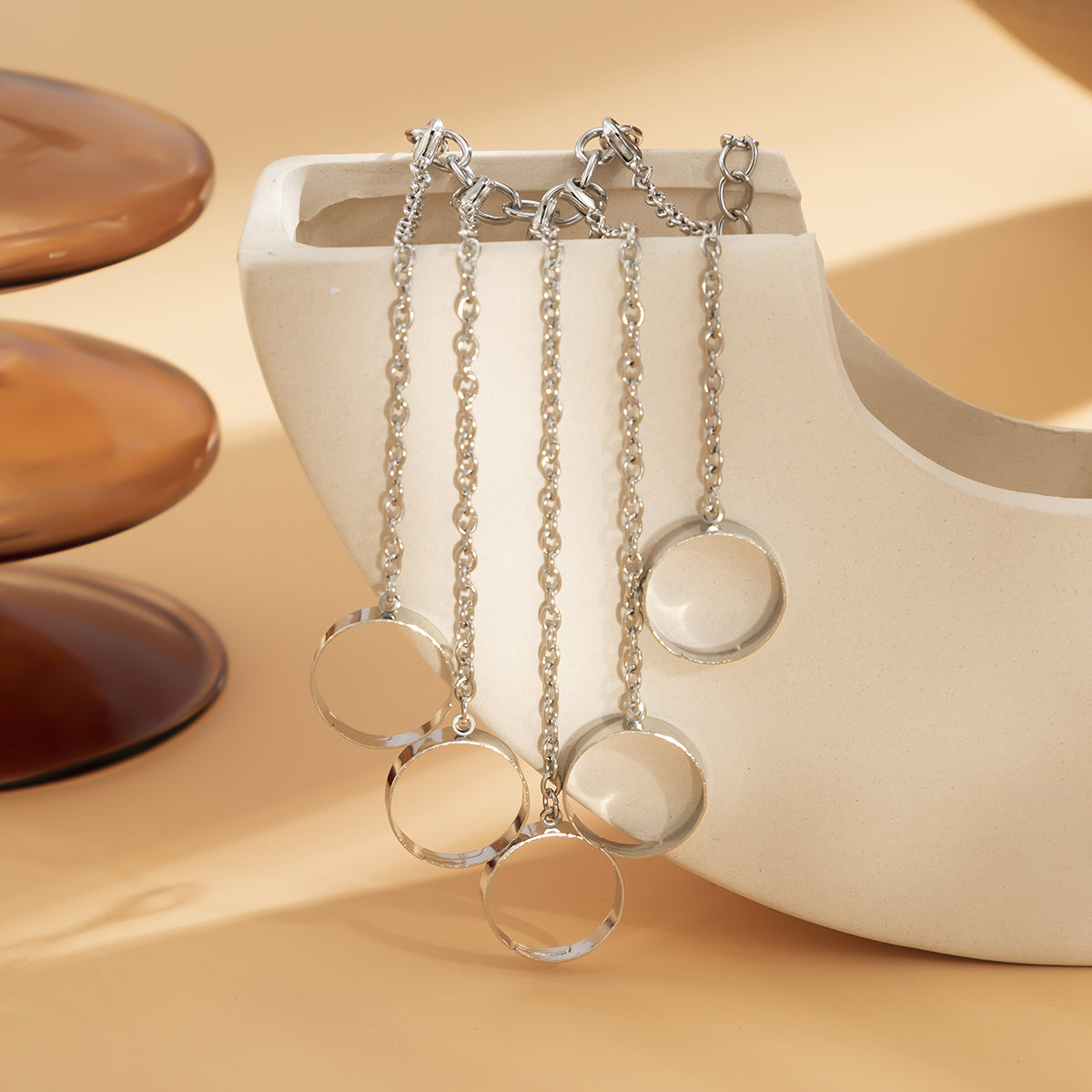 Silver-Plated Five-Chain Wrist-To-Ring Bracelet, silver bracelet for women, dainty minimalist design, detail close-up