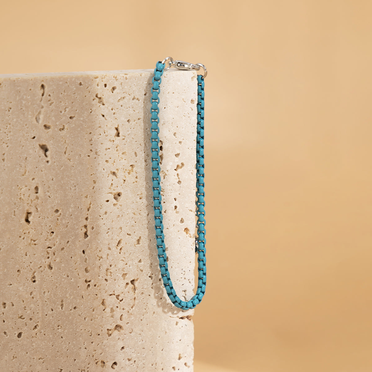 Blue Enamel and Silver-Plated Chain Bracelet, silver bracelet for women, botanical inspired, detail close-up
