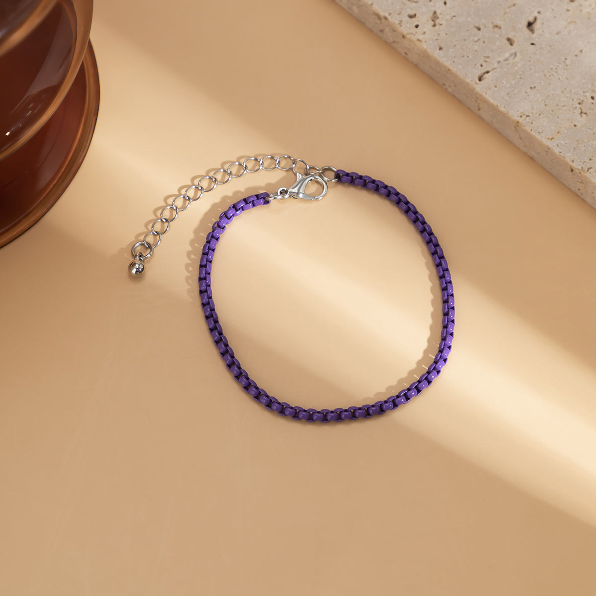 Dark Purple Enamel and Silver-Plated Chain Bracelet, silver bracelet for women, elegant gift for her, detail close-up