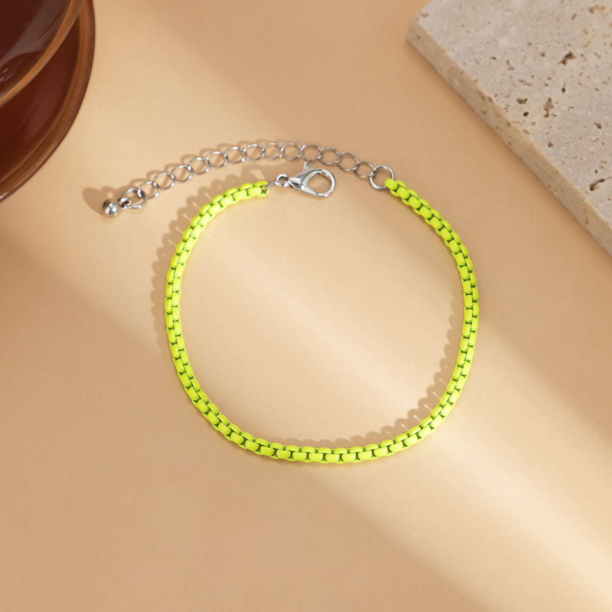Fluorescent Green Enamel & Silver-Plated Box-Chain Bracelet