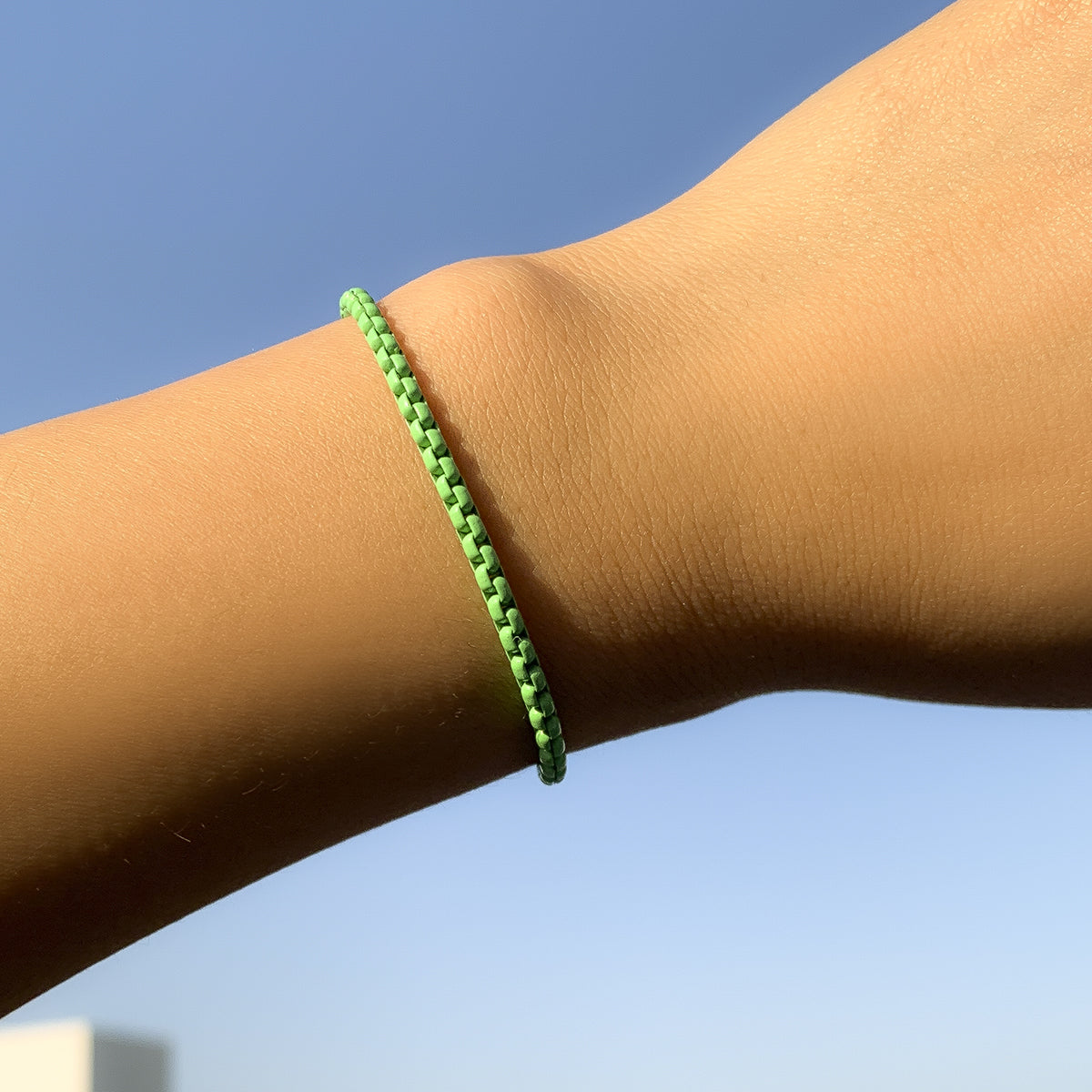 Mint Enamel and Silver-Plated Box Chain Bracelet, silver bracelet for women, dainty minimalist design, detail close-up