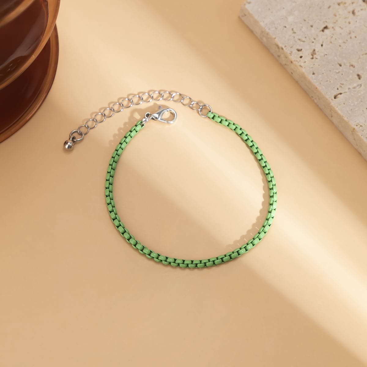Mint Enamel and Silver-Plated Box Chain Bracelet, silver bracelet for women, dainty minimalist design, front view
