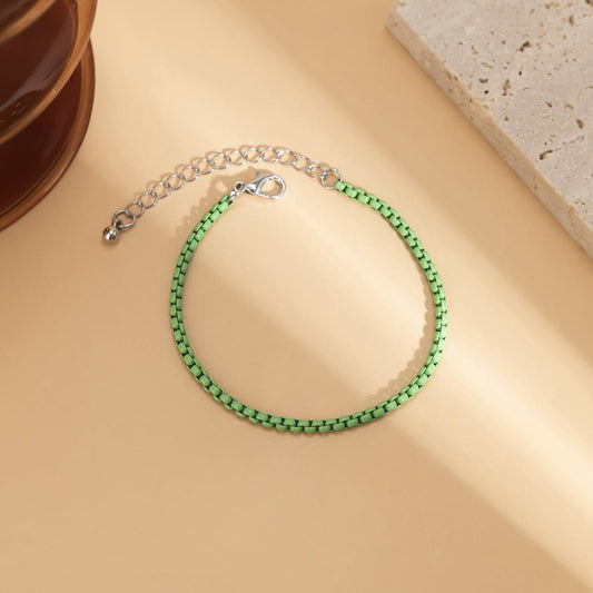 Mint Enamel and Silver-Plated Box Chain Bracelet, silver bracelet for women, dainty minimalist design, front view