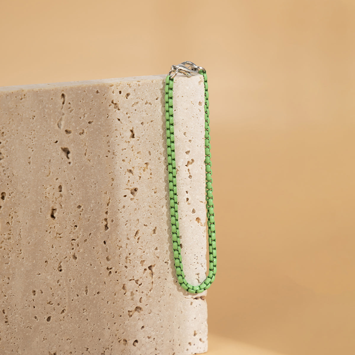 Mint Enamel and Silver-Plated Box Chain Bracelet, silver bracelet for women, dainty minimalist design, lifestyle look