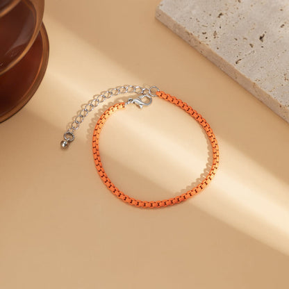 Orange Enamel and Silver-Plated Chain Bracelet, silver bracelet for women, elegant gift for her, front view