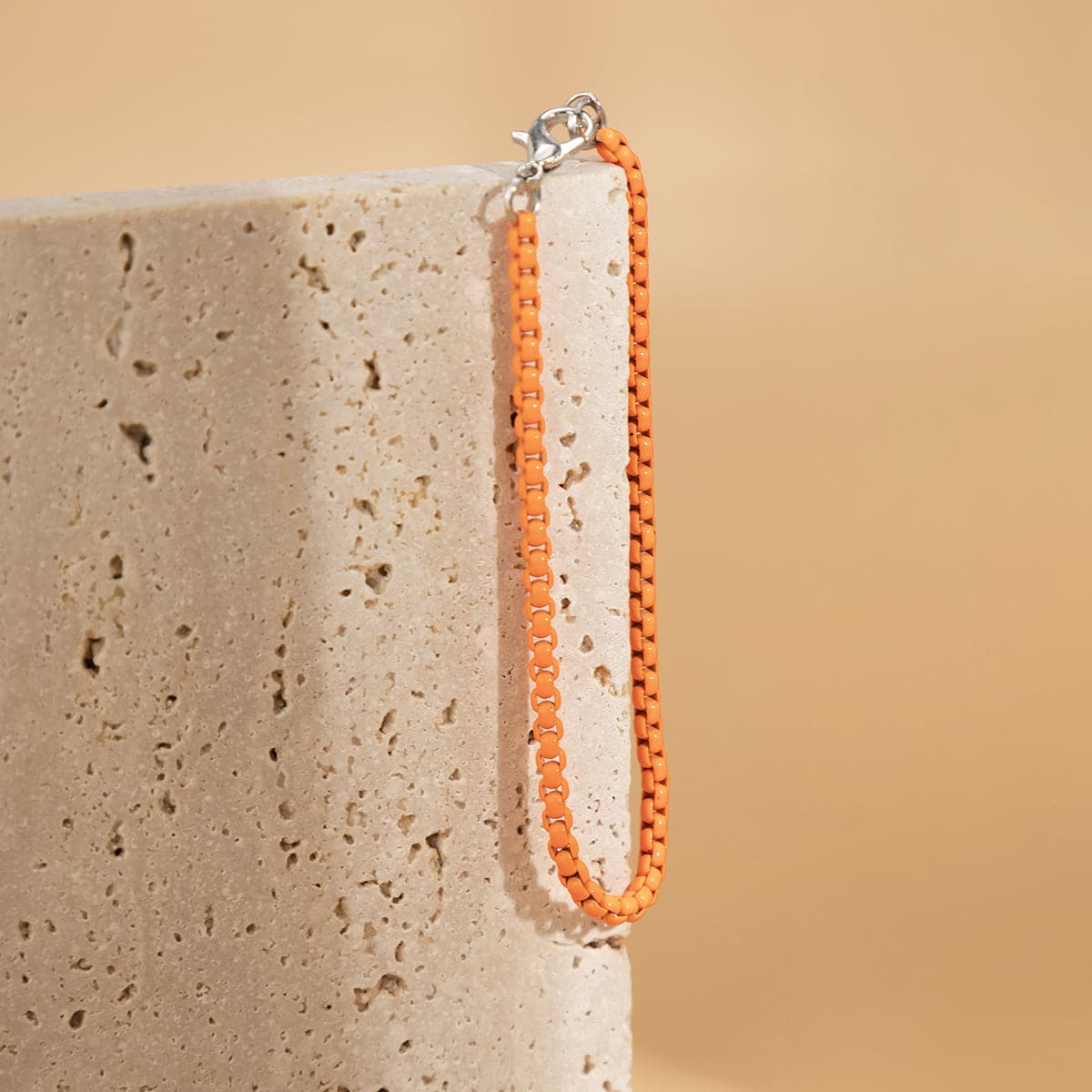 Orange Enamel and Silver-Plated Chain Bracelet, silver bracelet for women, elegant gift for her, side view