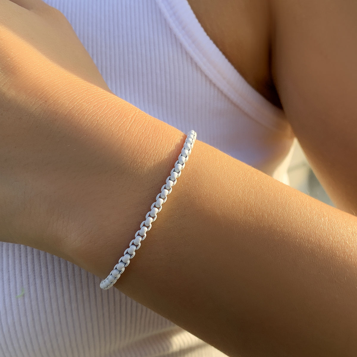 White Enamel and Silver-Plated Chain Bracelet, silver bracelet for women, dainty minimalist design, front view