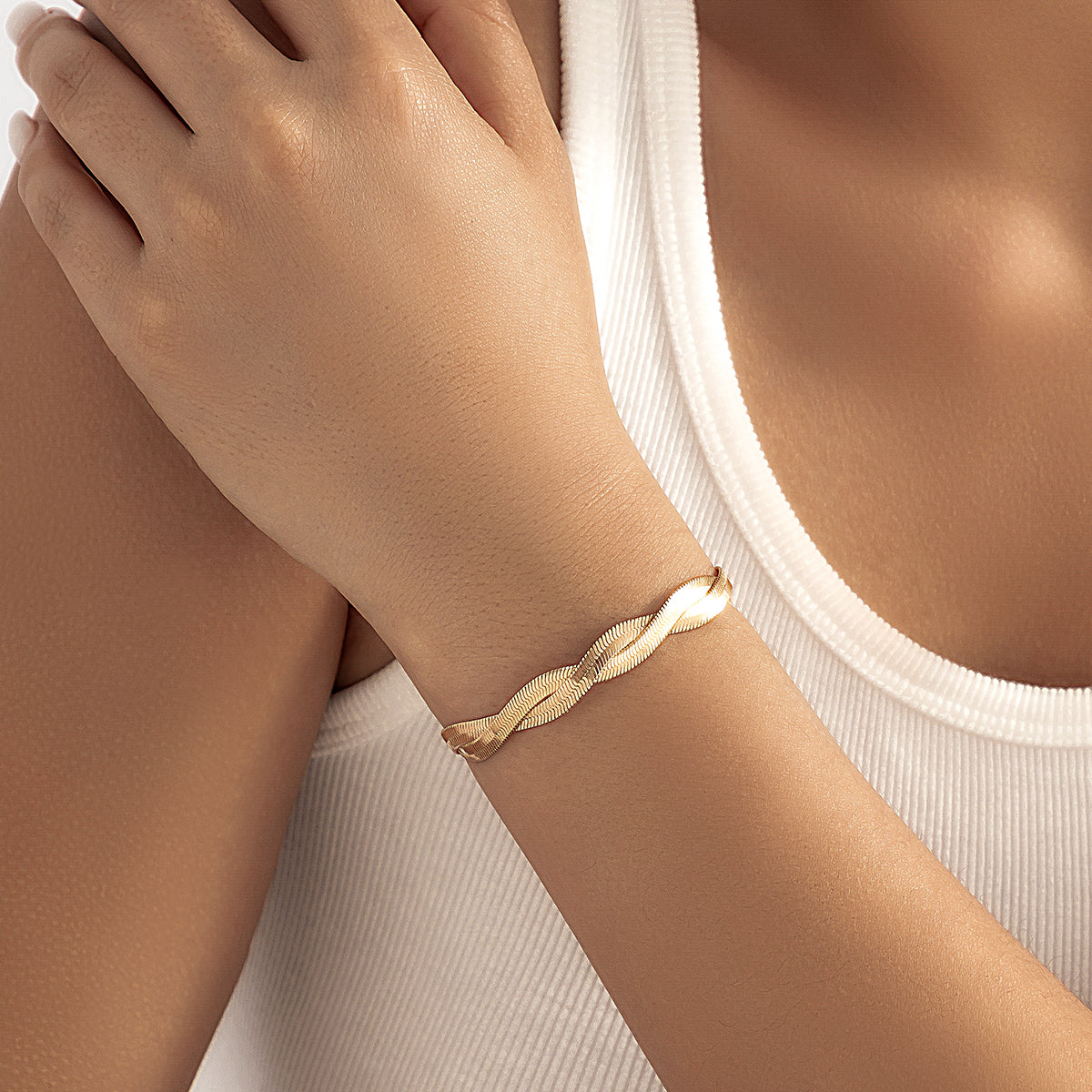 18K Gold-Plated Twist Snake Chain Bracelet, gold bracelet for women, botanical inspired, front view