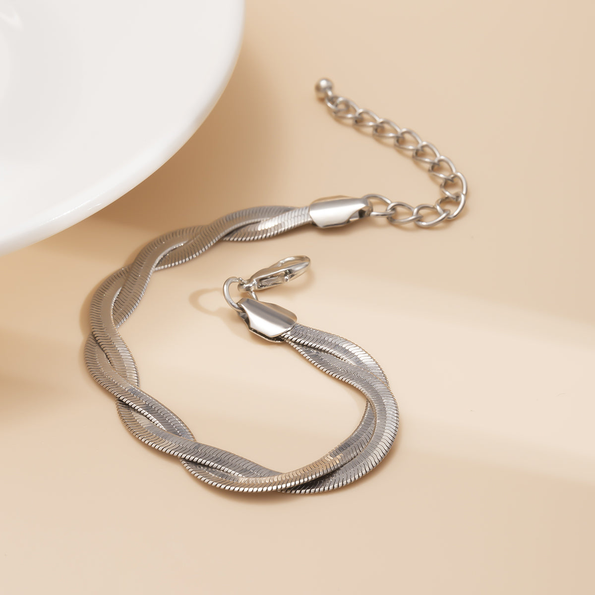 Silver-Plated Herringbone Chain Bracelet, silver bracelet for women, dainty minimalist design, side view