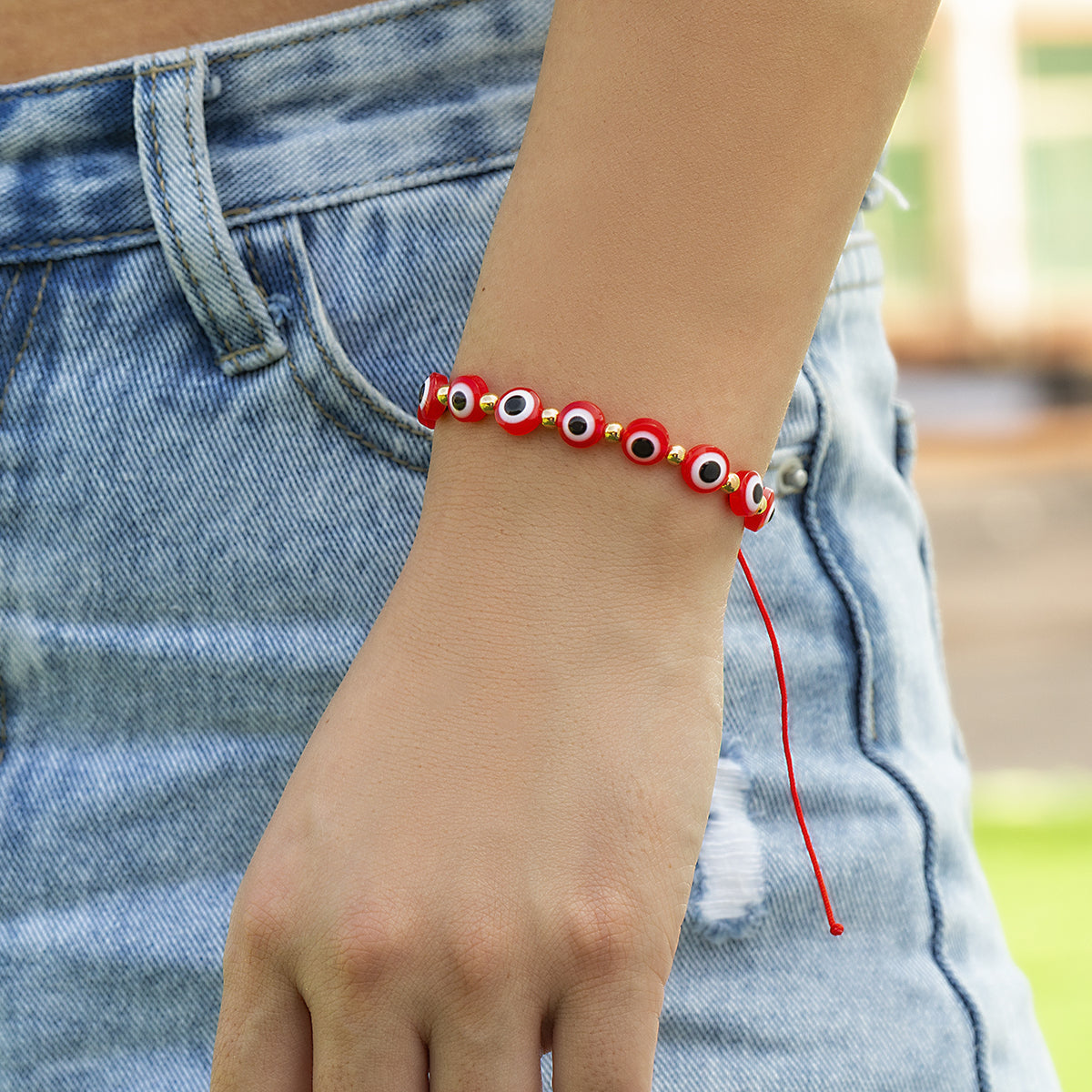 Red Acrylic and Polyster 18K Gold-Plated Eyes Adjustable Bracelet, gold bracelet for women, lifestyle look