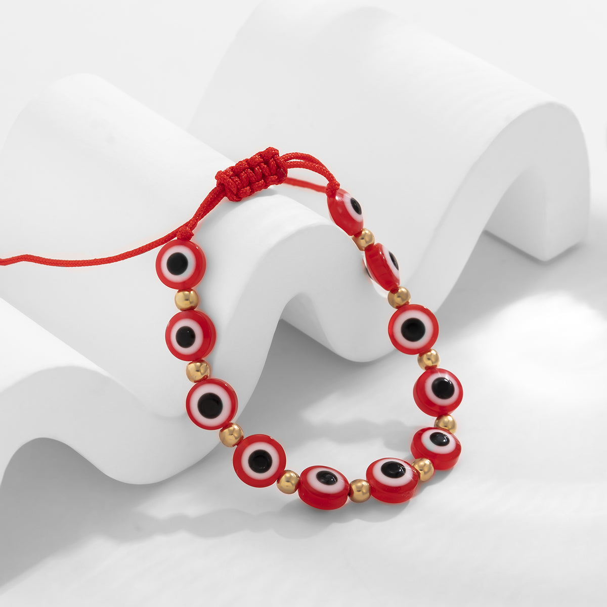 Red Acrylic and Polyster 18K Gold-Plated Eyes Adjustable Bracelet, gold bracelet for women, elegant gift for her, front view