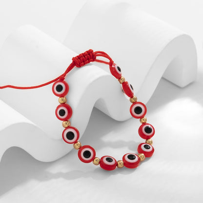 Red Acrylic and Polyster 18K Gold-Plated Eyes Adjustable Bracelet, gold bracelet for women, elegant gift for her, front view