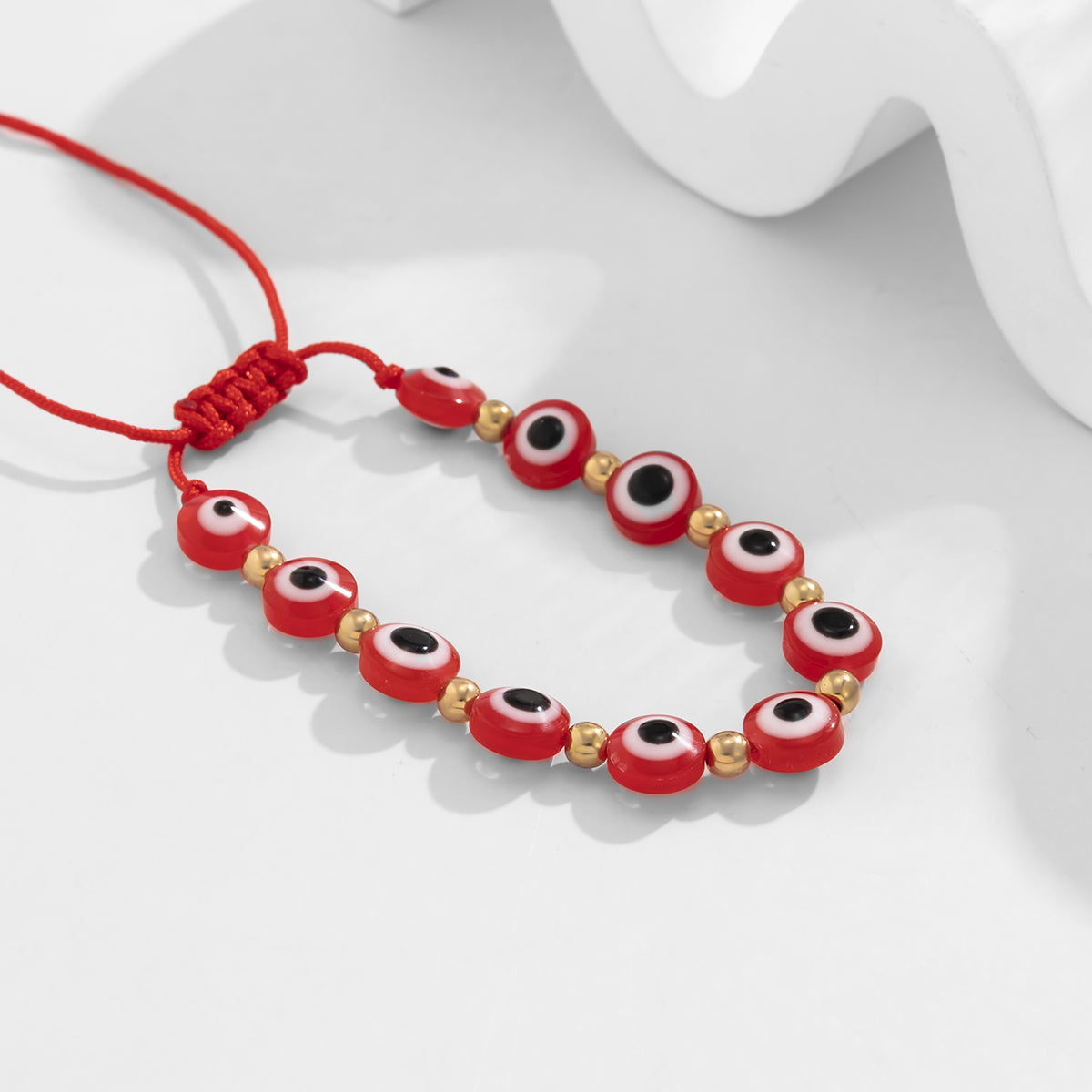 Red Acrylic and Polyster 18K Gold-Plated Eyes Adjustable Bracelet, gold bracelet for women, elegant gift for her, side view