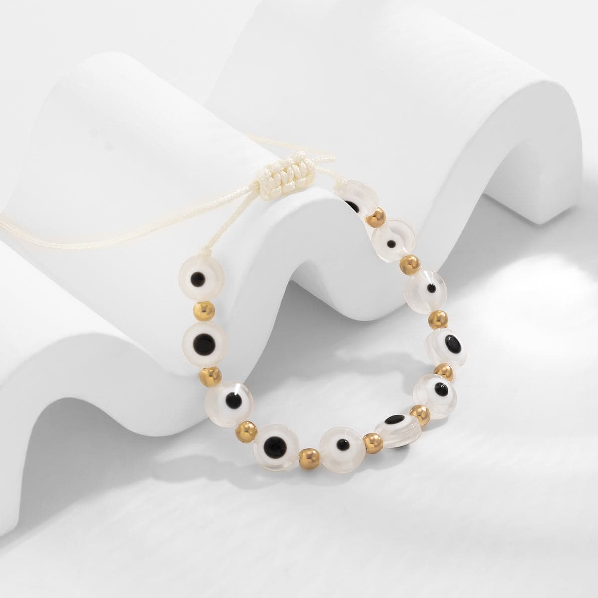 White Acrylic and Polyster 18K Gold-Plated Eye Beaded Adjustable Bracelet, gold bracelet for women, front view