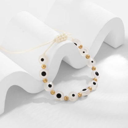 White Acrylic and Polyster 18K Gold-Plated Eye Beaded Adjustable Bracelet, gold bracelet for women, front view