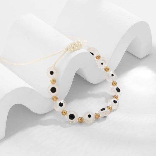 White Acrylic and Polyster 18K Gold-Plated Eye Beaded Adjustable Bracelet, gold bracelet for women, front view