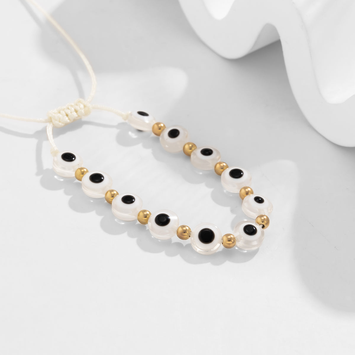 White Acrylic and Polyster 18K Gold-Plated Eye Beaded Adjustable Bracelet, gold bracelet for women, styled look