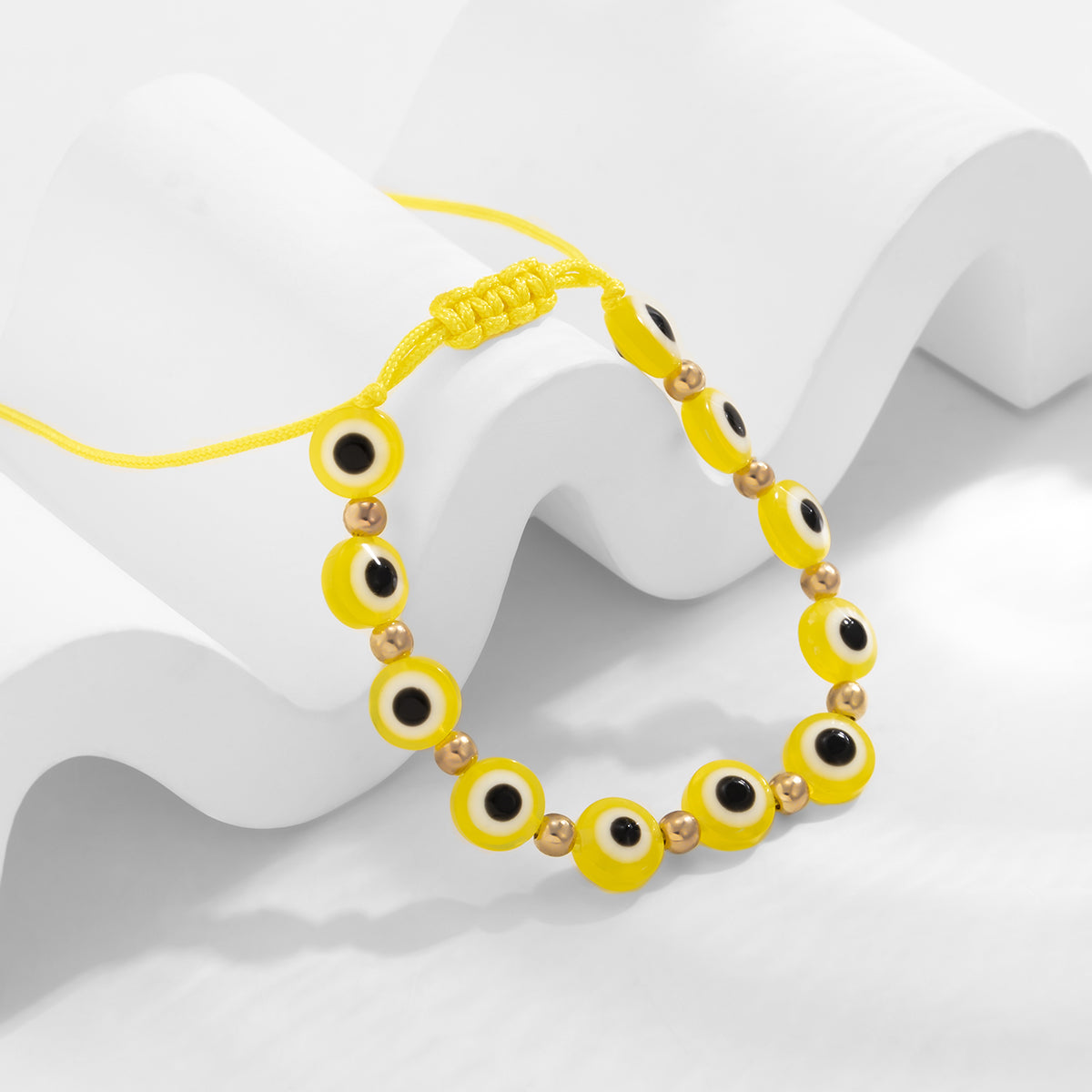 Yellow Polyster and 18K Gold-Plated Eye Beaded Adjustable Bracelet, gold bracelet for women, botanical inspired, front view
