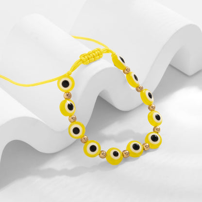 Yellow Polyster and 18K Gold-Plated Eye Beaded Adjustable Bracelet, gold bracelet for women, botanical inspired, front view