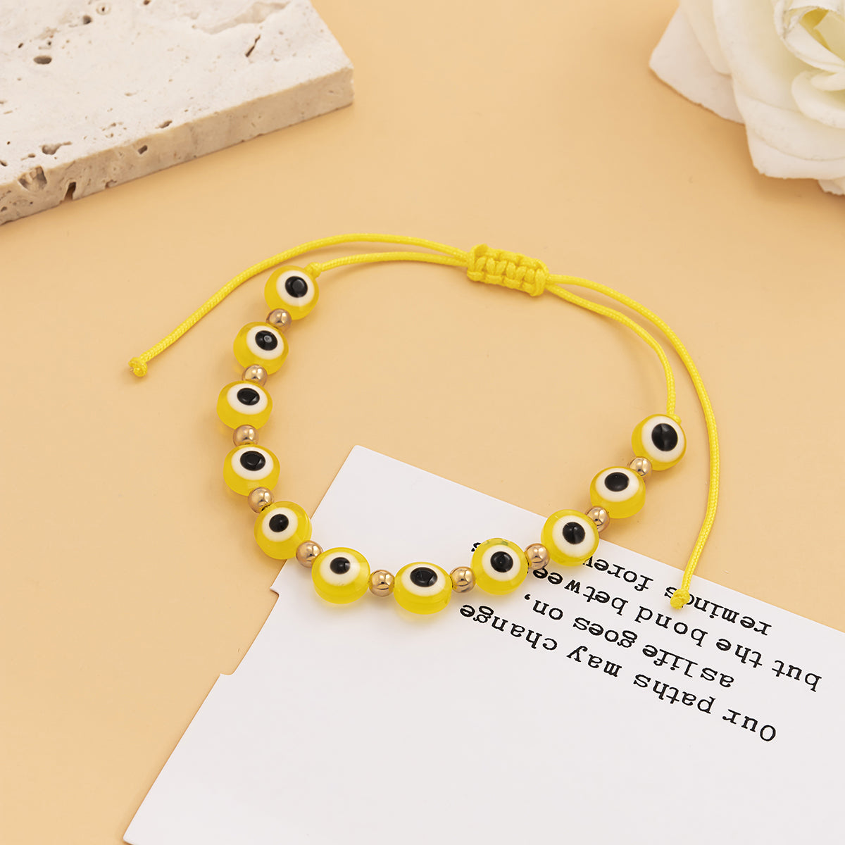 Yellow Polyster and 18K Gold-Plated Eye Beaded Adjustable Bracelet, gold bracelet for women, botanical inspired, side view