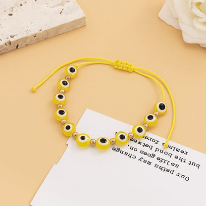 Yellow Polyster and 18K Gold-Plated Eye Beaded Adjustable Bracelet, gold bracelet for women, botanical inspired, side view