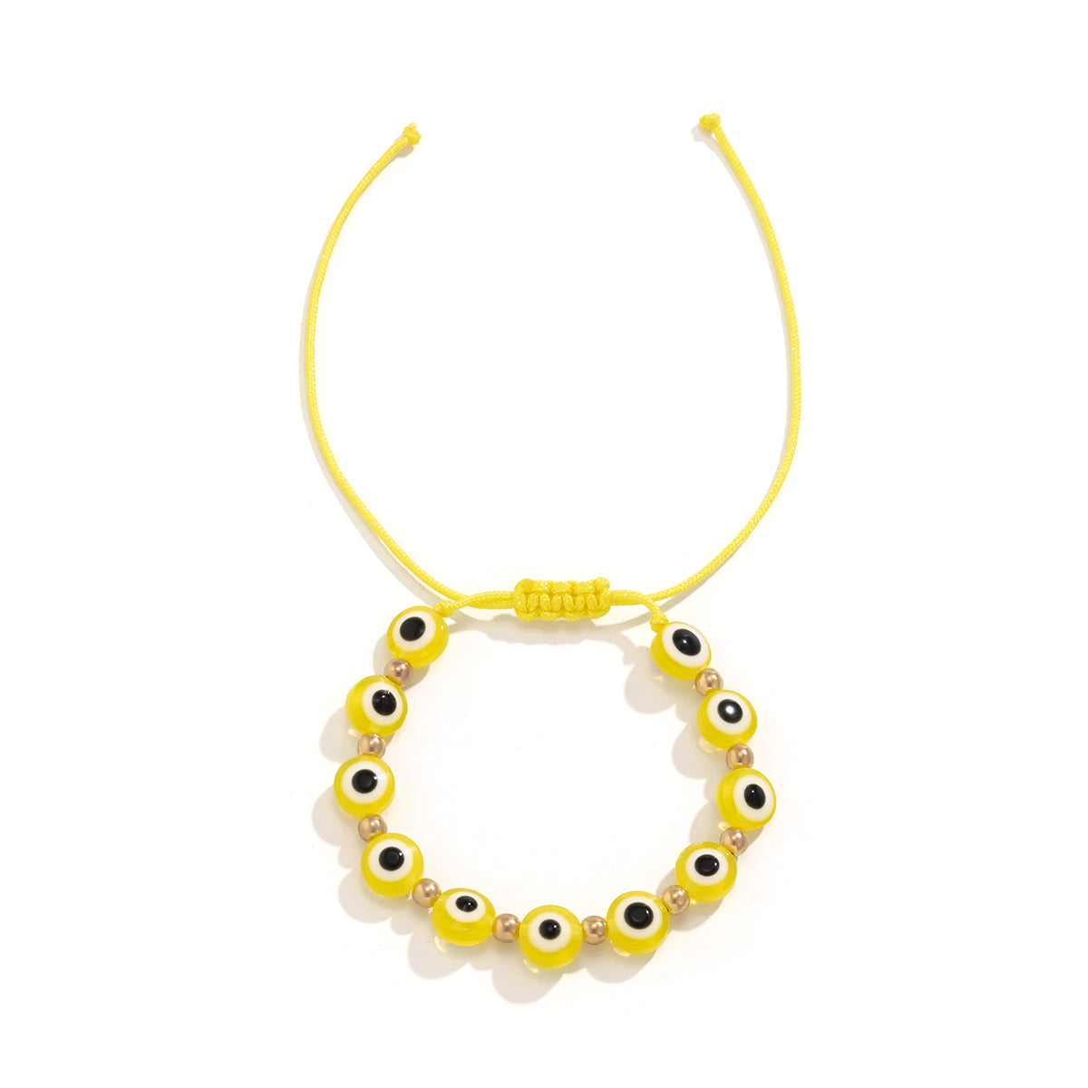 Yellow Polyster and 18K Gold-Plated Eye Beaded Adjustable Bracelet, gold bracelet for women, detail close-up