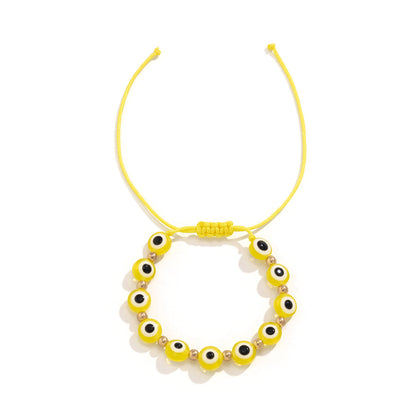 Yellow Polyster and 18K Gold-Plated Eye Beaded Adjustable Bracelet, gold bracelet for women, detail close-up
