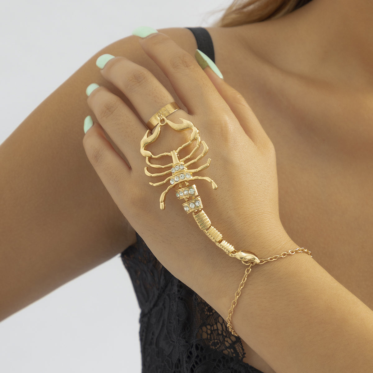 Cubic Zirconia and 18K Gold-Plated Scorpion Wrist-To-Ring Bracelet, gold bracelet for women, front view