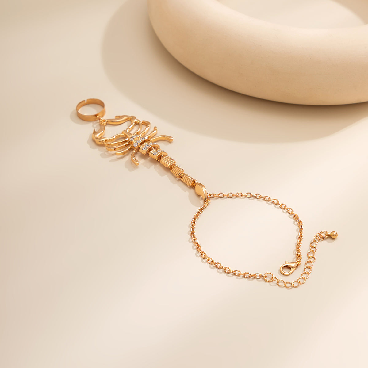 Cubic Zirconia and 18K Gold-Plated Scorpion Wrist-To-Ring Bracelet, gold bracelet for women, detail close-up
