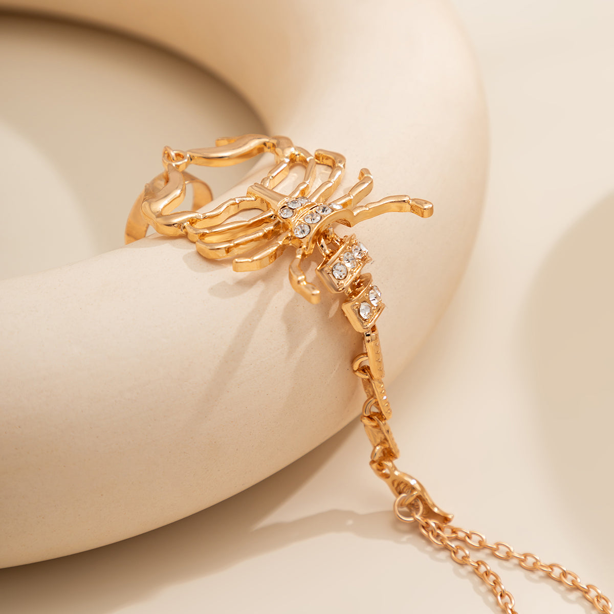 Cubic Zirconia and 18K Gold-Plated Scorpion Wrist-To-Ring Bracelet, gold bracelet for women, lifestyle look