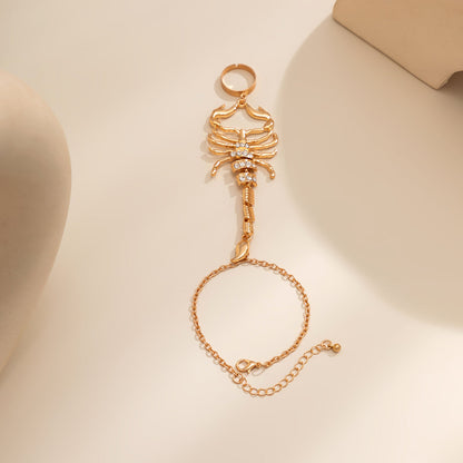 Cubic Zirconia and 18K Gold-Plated Scorpion Wrist-To-Ring Bracelet, gold bracelet for women, styled look