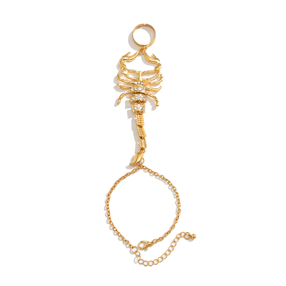 Cubic Zirconia and 18K Gold-Plated Scorpion Wrist-To-Ring Bracelet, gold bracelet for women, side view