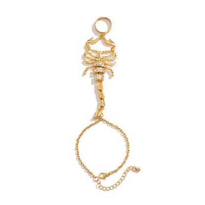 Cubic Zirconia and 18K Gold-Plated Scorpion Wrist-To-Ring Bracelet, gold bracelet for women, side view