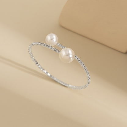 Pearl and Cubic Zirconia Silver-Plated Cuff, silver bracelet for women, dainty minimalist design, detail close-up