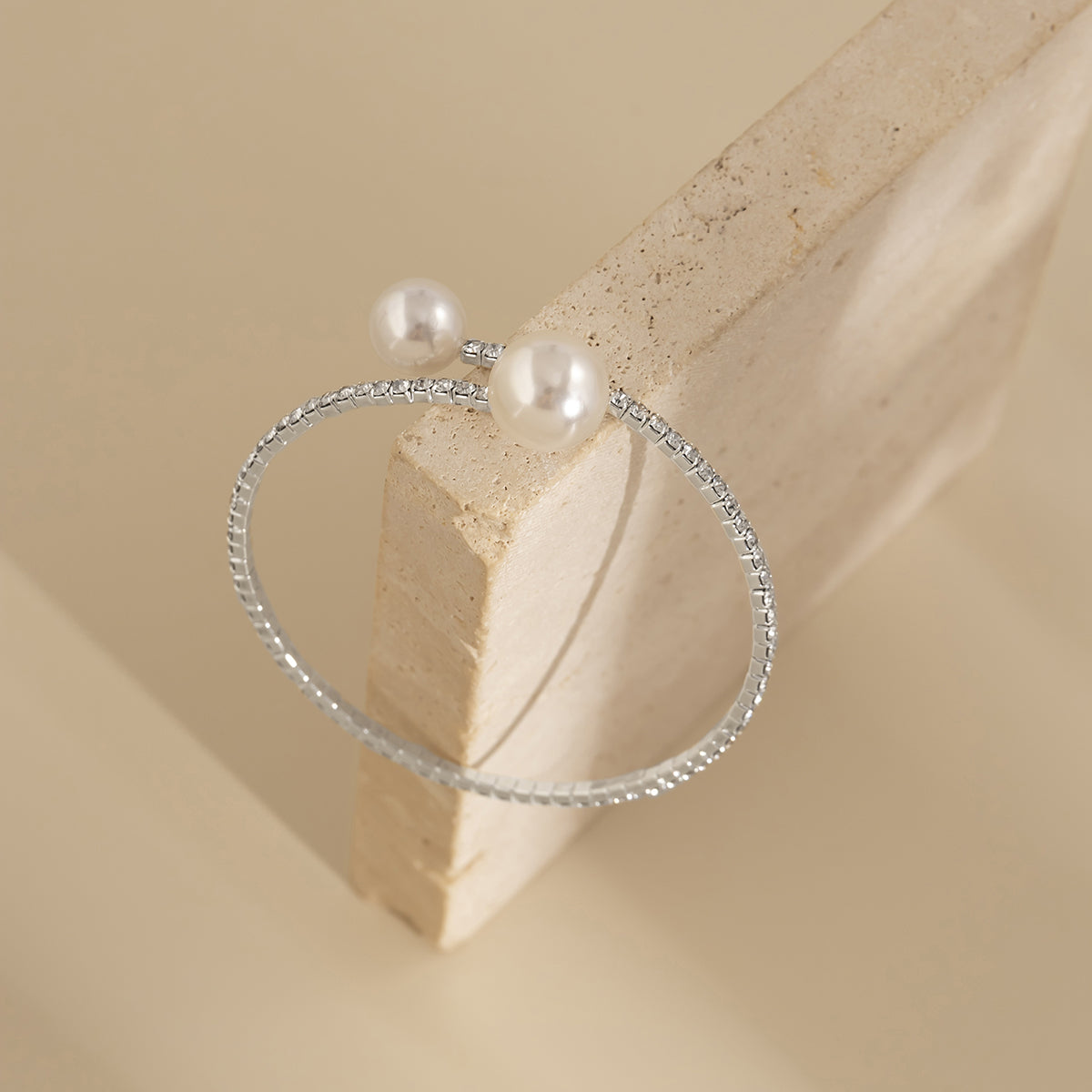 Pearl and Cubic Zirconia Silver-Plated Cuff, silver bracelet for women, dainty minimalist design, lifestyle look