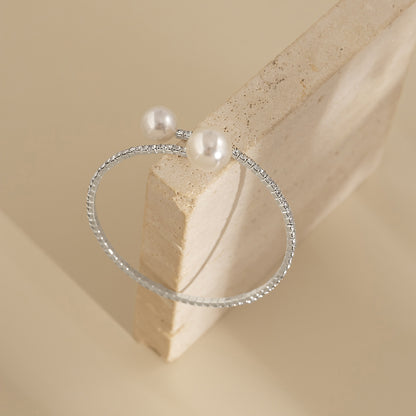 Pearl and Cubic Zirconia Silver-Plated Cuff, silver bracelet for women, dainty minimalist design, lifestyle look